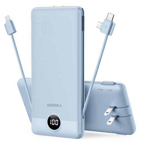 VEGER Portable Charger for iPhone, Power Bank Built in Cables and Wall Plug - color: D Blue