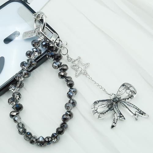 Crystal Beaded Phone Wrist Strap, Cute Cellphone Lanyard Chain, Bow Keychain Wristlet Bag Charms for Women - color: Bow/Black