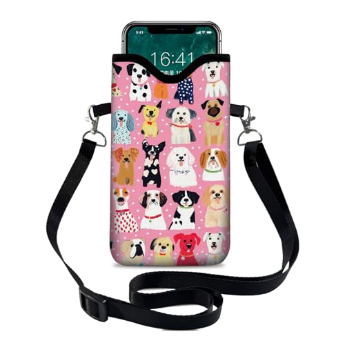 Neoprene Cell Phone Sleeve Pouch Case Bag with Crossbody Strap Neck Lanyard for Women 7.1 X 3.9 in Pink Dog - color: Pink Dog
