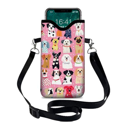 Neoprene Cell Phone Sleeve Pouch Case Bag with Crossbody Strap Neck Lanyard for Women 7.1 X 3.9 in Pink Dog - color: Pink Dog