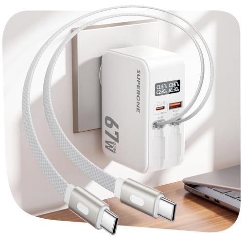 SUPERONE 67W Retractable Charger, 4-in-1 wall Charger with Dual USB-C Cable - color: Matte White