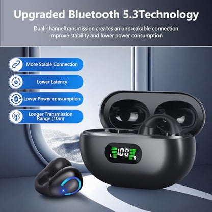 Ultra Open Ear Headphones Bluetooth 5.3 Wireless Bone Conduction Clip On Earbuds with Digital Display Charging Case 60 Hours Playtime Sport Earphones IPX7 Waterproof for Running Fitness Black