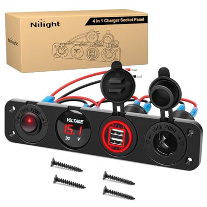 Nilight 4 in 1 ON/Off Charger Socket Panel Dual USB Power Outlet LED Voltmeter Cigarette Lighter Socket Lighted ON Off Rocker Toggle Switch for Truck Car Marine Boats RV,2 Years Warranty - color: Red