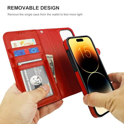 Bocasal Detachable Wallet Case Card Holder for iPhone 15 Pro Max Red | RFID Blocking Kickstand Card Slots Holder PU Leather Magnetic Shockproof Wrist Strap Removable Flip Protective Cover 6.7 inch - color: Red