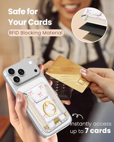 Shorogyt Compatible with Magsafe Wallet with Ring Grip Magnetic Card Holder - Cute Phone Wallets with Stand for iPhone 17/16/15/14/13/12 Series for Women Girls Bow Design, Fit 7 Cards - color: Bow