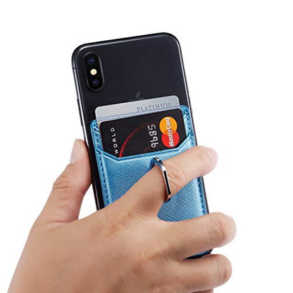 Phone Card Holder with Ring Grip for Back of Phone,Adhesive Stick-on Credit Card Wallet Pocket for iPhone,Android and Smartphones (LiBlue) - color: LiBlue