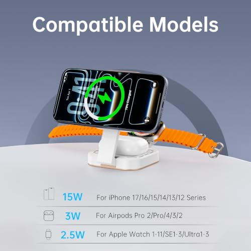 3 in 1 Mini Foldable Fast Charging Station for Apple Devices, Travel Wireless Charger Stand for Magsafe for iPhone 18 Duo 17 e Air 16 15 14 13 12 Series, Apple Watch & AirPods Series (Golden) - color: Golden