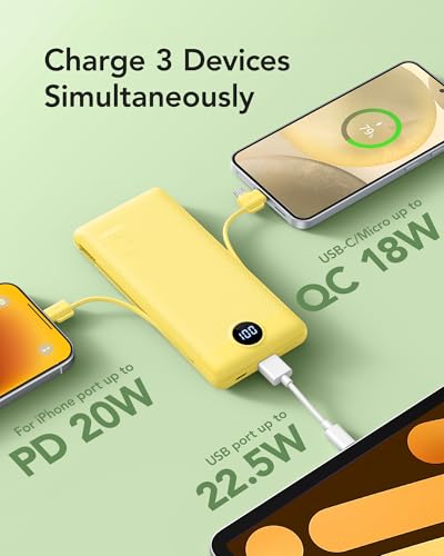 VRURC 10000mAh Power Bank, 22.5W USB C Portable Charger, Yellow - color: Yellow