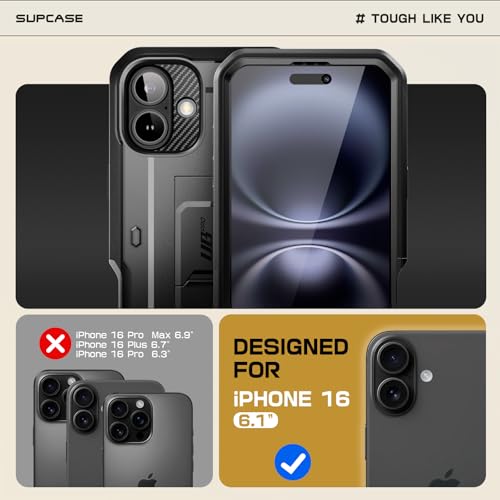 SUPCASE for iPhone 16 Case with Screen Protector & Kickstand, Black - color: Black