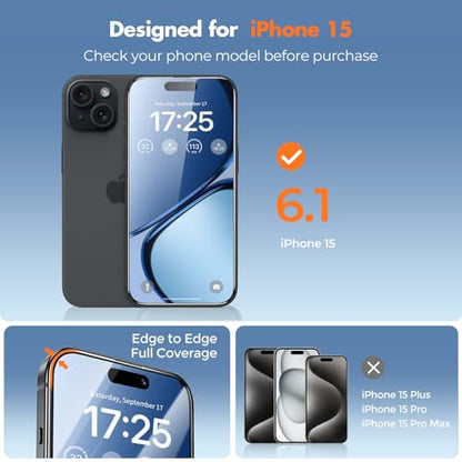 UNBREAKcable 3-Pack Screen Protector for iPhone 15, Double Shatterproof Tempered Glass [Easy Installation Frame] [99.99% HD Clear] [9H Hardness] [Full Coverage] [Case Friendly] for Apple 15 6.1 inch - size: iPhone 15