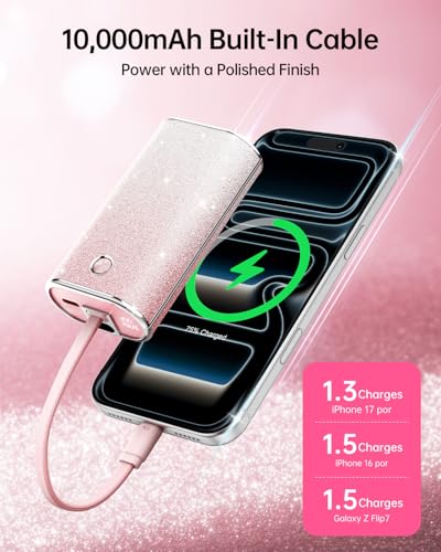 iWALK Sparkly 10000mAh Portable Charger, 22.5W Fast Charging Small Power Bank with Built-in USB-C Cable, Diamond Glitter Ultra-Compact Battery for iPhone 17/17 Pro/16/16 Pro/15, Samsung,ShinyPink - color: ShinyPink 22.5W