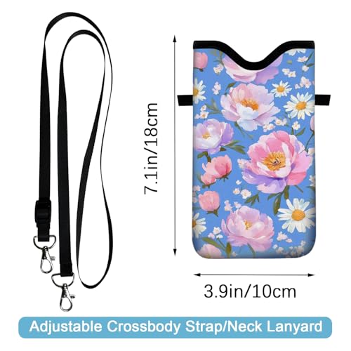 Neoprene Cell Phone Sleeve Pouch Case Bag with Crossbody Strap Neck Lanyard for Women 7.1 X 3.9 in Blue Flower - color: Blue Flower