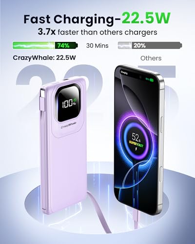Portable Charger with Built-in Cables,22.5W Super Fast Charging Power Bank Slim Phone Charger,10000mAh Travel Battery Pack Battery Bank with Smart LED Display for iPhone, Android & USB-C (Purple) - color: Purple
