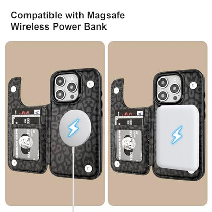 HAOPINSH for iPhone 16 Pro Case Wallet Compatible with MagSafe Wireless Charging, Black Leopard Cheetah Pattern Back Flip Folio Leather Kickstand Card Slots Case Double Magnetic Clasp Cover 6.3" - color: Black Leopard for MagSafe