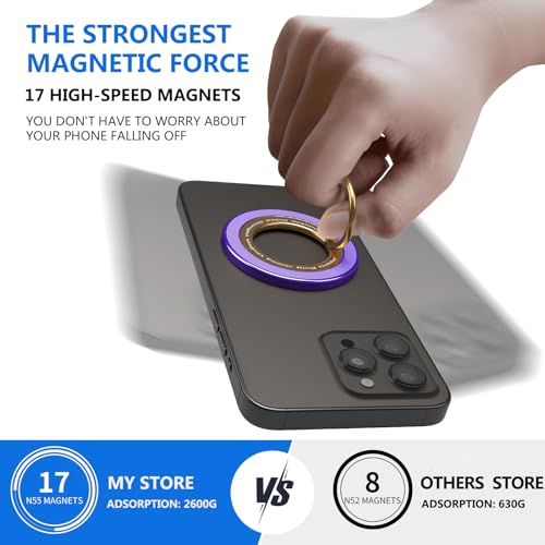 Magnetic Phone Ring Holder for MagSafe,【Two-Sided Magnetic】 360° Rotation Magnet Phone Grip for iPhone 16/15/14/13/12 Series/Samsung/Google (Purple with Gold) - color: Purple with Gold