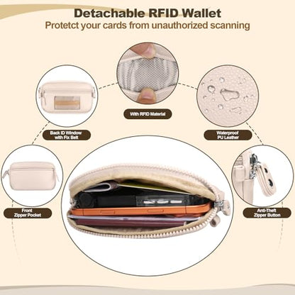 YFWE Clip and Go Phone Strap with Crossbody Wallet, Adjustable Phone Lanyard with Detachable RFID Wristlet Wallet, Anti-Theft Leather Purse with ID Window for Travel Essentials (Cream) - color: Cream Beige