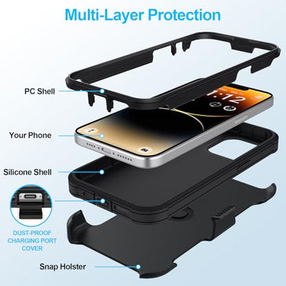 Belt Clip Holster Compatible with iPhone 13 Pro Defender Case with 360° Rotating Stand - Heavy Duty Protection Anti-Drop Shockproof, Black - size: iPhone 13 Pro