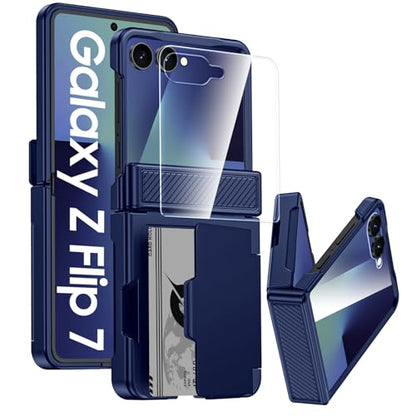 GooseBox for Samsung Galaxy Z Flip 7 Case Wallet RFID Card Holder&Hinge Protection&HD Screen Protector, Full Body Shockproof Cover for Galaxy Z Flip 7(Blue) - color: Flip7-Blue