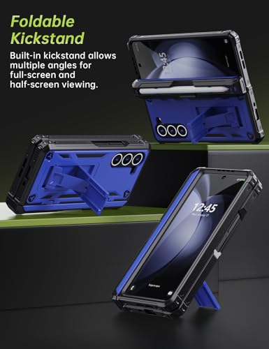 KJSK for Samsung Galaxy Z Fold 5 Case,with S Pen Holder+Belt Clip Holster+Built-in Kickstand+Hinge Protection,Heavy Duty Military Grade Drop Proof Case for Galaxy Z Fold 5(Blue) - color: Blue