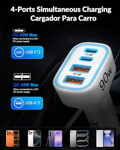90W 4-Port USB C Super Fast Car Charger for iPhone Duo/18 Pro Max/18/17/16 - color: White