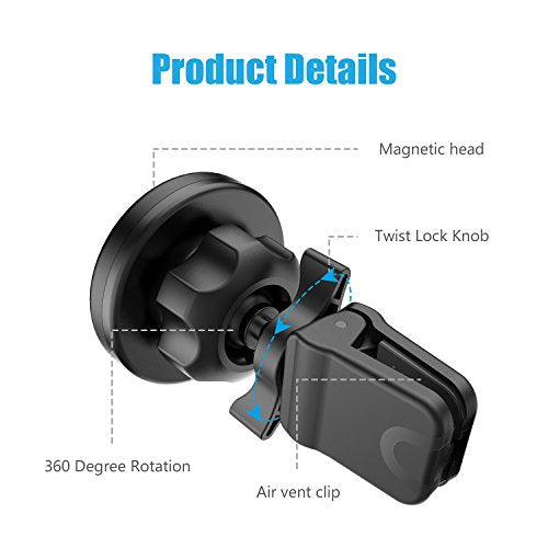 WixGear Universal Twist-Lock Air Vent Magnetic Car Mount Holder for Cell Phones with Fast Swift-snap Technology – Supports Devices up to 14oz
