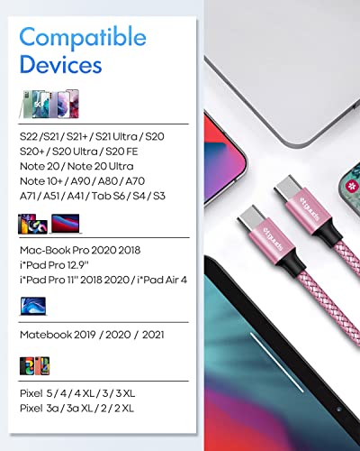 etguuds USB C to USB C Cable 6ft, 2-Pack 60W C to C Cable Fast Charging - color: Pink, size: 6ft