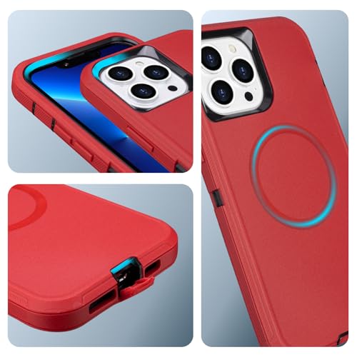 Magnetic for iPhone 13 Pro Max Case with Belt Clip Holster, Black Red | Heavy Duty Military Grade Drop Protection Case for iPhone 13 Pro Max, 6.7", with 360°Rotating Kickstand 6.7" - color: Red+Black