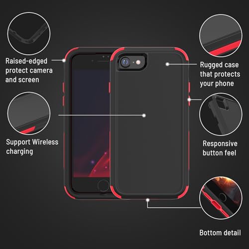 X-belmox Heavy Duty Phone Case for iPhone SE 2022 (3rd Gen) with Glass Screen Protector, 3 in 1 iPhone SE 2020 Case [Shockproof] Rugged Protective [Drop Proof] iPhone 7/8 case 4.7" - Black/Red - color: Black/Red