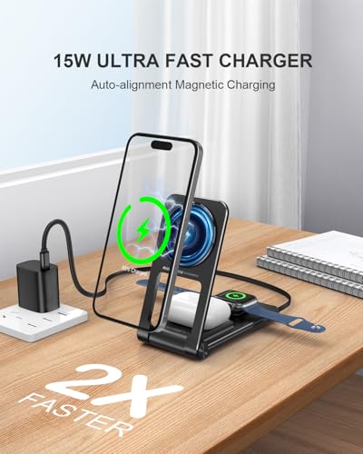 3 in 1 Magnetic Wireless Charger,Foldable Charging Station Built-in Retractable Cable,15W Portable Wireless Charging Stand for iPhone 16 15 14 13 12,Apple Watch,AirPods (20W Adapter) (Black) - color: Black