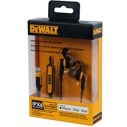 DEWALT Heavy Duty Earphones for Lightning, Compatible w/Apple iPhone Headphones Wired, Jobsite Water-Resistant for iPhone Headphones Wired Lightning, Corded Earphones for iPhones 14 and Older