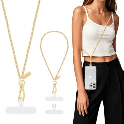 MoKo Metal Phone Crossbody Chain Lanyard with Wrist Strap and 2 Patches - color: Pale Gold