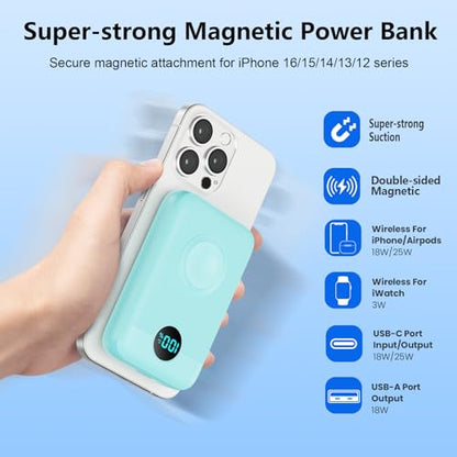 Magnetic Portable Charger for iPhone,10800mAh 25W PD QC4.0 Fast Charging USB C Power Bank,4 Output Dual-Side Magnet Travel Essentials Battery Pack for iPhone 17/Air/16/15/14/13/12 Series (Green) - color: Green