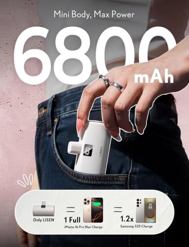 LISEN 6800mAh Capsule Portable Charger, Mini USB-C Power Bank for iPhone 18 Pro/17/16/15, Small USB C Battery Pack with LED Display, [USB-C Only, Flight-Safe] 22.5W Fast Charging, iPhone18 Accessories - color: Pearl White