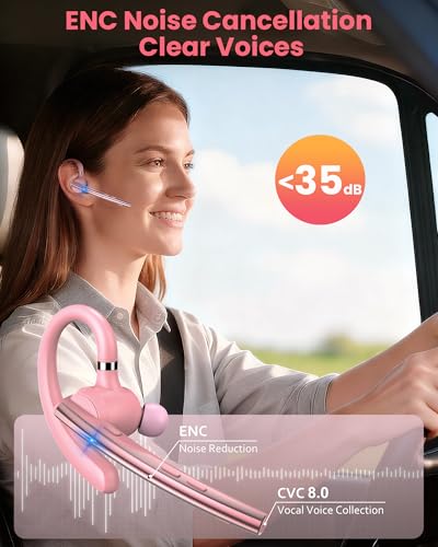 New Bee Bluetooth Headset V5.1 72H Talk Time Dual Mic with Mute Button for Business, Wireless Hand-Free Bluetooth Earpiece with 500mAh Charging Case for Cell Phone Calls Trucker Driver Laptop - color: Pink