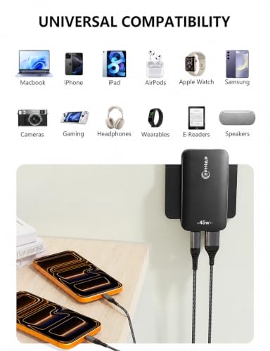 2‑Pack 45W Flat USB‑C Wall Charger, Slim Low‑Profile Dual Port Power Block