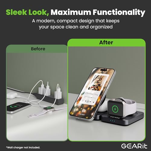 GEARit 3-in-1 Wireless Charging Station - Qi2 MagSafe Charger Stand for Phone, Watch and Earbuds - Works with iPhone 15, 16, 16 Pro, Pro Max, Apple Watch, Airpods, Samsung Galaxy and Multiple Devices