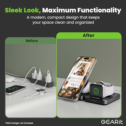 GEARit 3-in-1 Wireless Charging Station - Qi2 MagSafe Charger Stand for Phone, Watch and Earbuds - Works with iPhone 15, 16, 16 Pro, Pro Max, Apple Watch, Airpods, Samsung Galaxy and Multiple Devices