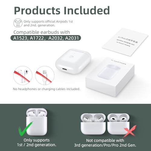 Wireless Charging Case Replacement Compatible for AirPods 1st & 2nd Gen, Air Pods Charger Case with Bluetooth Pairing Sync Button, White (No Earbuds)
