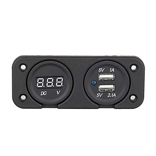2 Port USB Socket Charger with DC Voltmeter, 12V-24V Flush Mount for Car Boat Marine