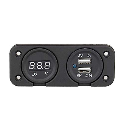 2 Port USB Socket Charger with DC Voltmeter, 12V-24V Flush Mount for Car Boat Marine