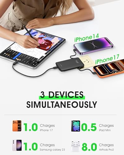 TG90° 5000mah Ultra Slim Power Bank Built-in AC Plug & 2 Cables,Black - color: Black