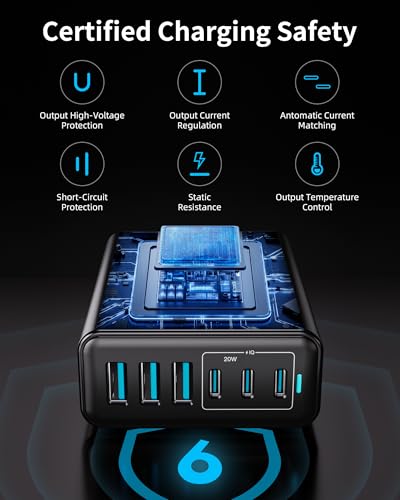 105W USB C Charger Block, 6-Port GaN Desktop Charger USB C Charging Station - color: Black, size: 105W