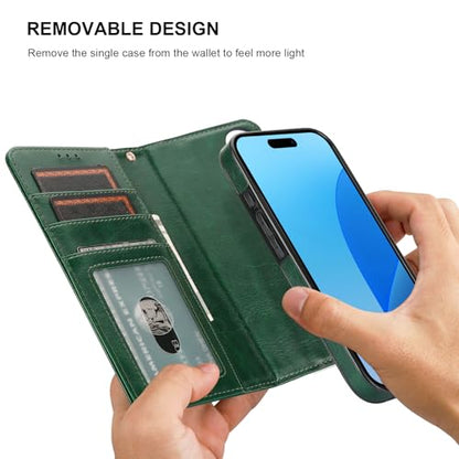 Bocasal Detachable Wallet Case Card Holder for iPhone 16, Green | RFID Blocking Kickstand Card Slots Holder PU Leather Magnetic Shockproof Wrist Strap Removable Flip Protective Cover 6.1 inch - color: Green