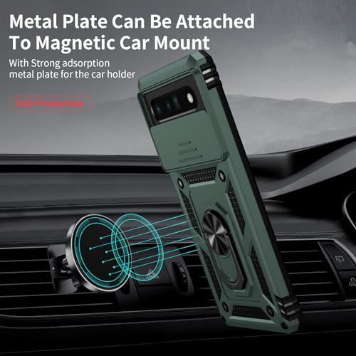 VINVE for Google Pixel 6 Pro Case with Slide Lens Cover, Military Grade Drop Protection, Magnetic Rotated Ring Holder Kickstand Protective Phone Case (Pine Green) - color: Pine Green ,Military Grade 2nd gen.