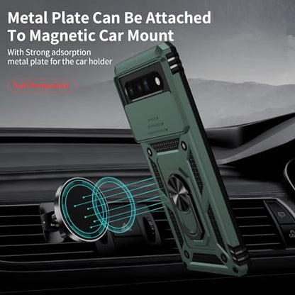 VINVE for Google Pixel 6 Pro Case with Slide Lens Cover, Military Grade Drop Protection, Magnetic Rotated Ring Holder Kickstand Protective Phone Case (Pine Green) - color: Pine Green ,Military Grade 2nd gen.