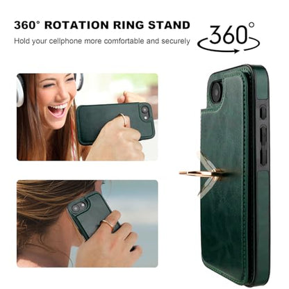 ONETOP for iPhone 17e/16e Wallet Case with Credit Card Holder,Green | 360° Rotation Ring Kickstand,Finger Grip,Double Magnetic Clasp,RFID Blocking PU Leather Shockproof Cover for Women Men - color: Green