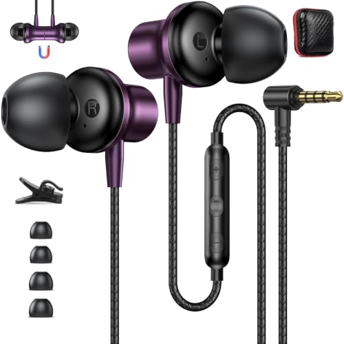 ASKUBSKU 3.5mm Headphones 5.9 ft Long Cord Wired Earbuds with Mic, Purple - color: Purple
