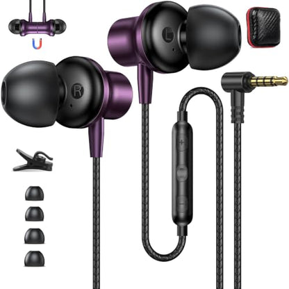 ASKUBSKU 3.5mm Headphones 5.9 ft Long Cord Wired Earbuds with Mic, Purple - color: Purple