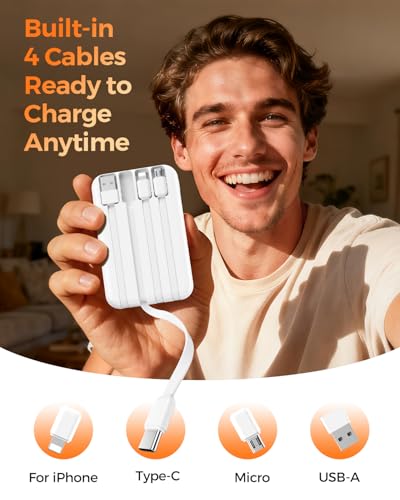 Portable Charger 10000mAh with 4 Built-in Cables 40% Smaller - color: Ivory