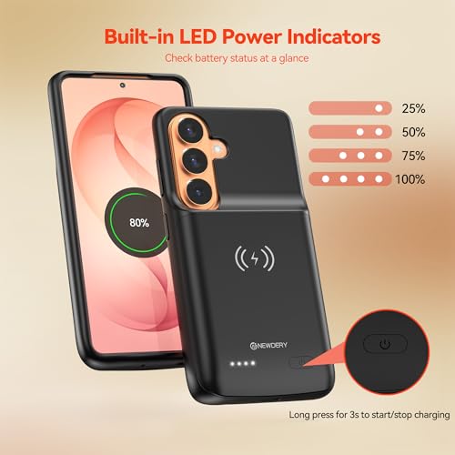 NEWDERY Battery Case for Samsung Galaxy S26 6.3", Portable Charger Case | 5000mAh Ultra Slim Battery Pack with Led Indicators, Qi Wireless Charging Supported - size: For Galaxy S26 6.3"